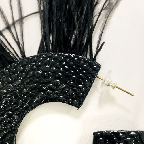 Hoop earring, Statement earrings, Bold feather earrings, Black feather earrings, Mismatched earrings, orders Statement feather hoops earrings
