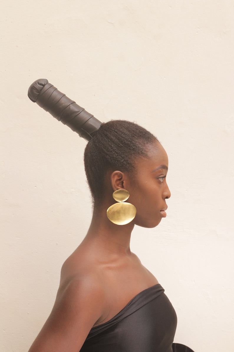 Large statement drop golden earrings, Large disc drop earrings, Bold fashion earrings image 4