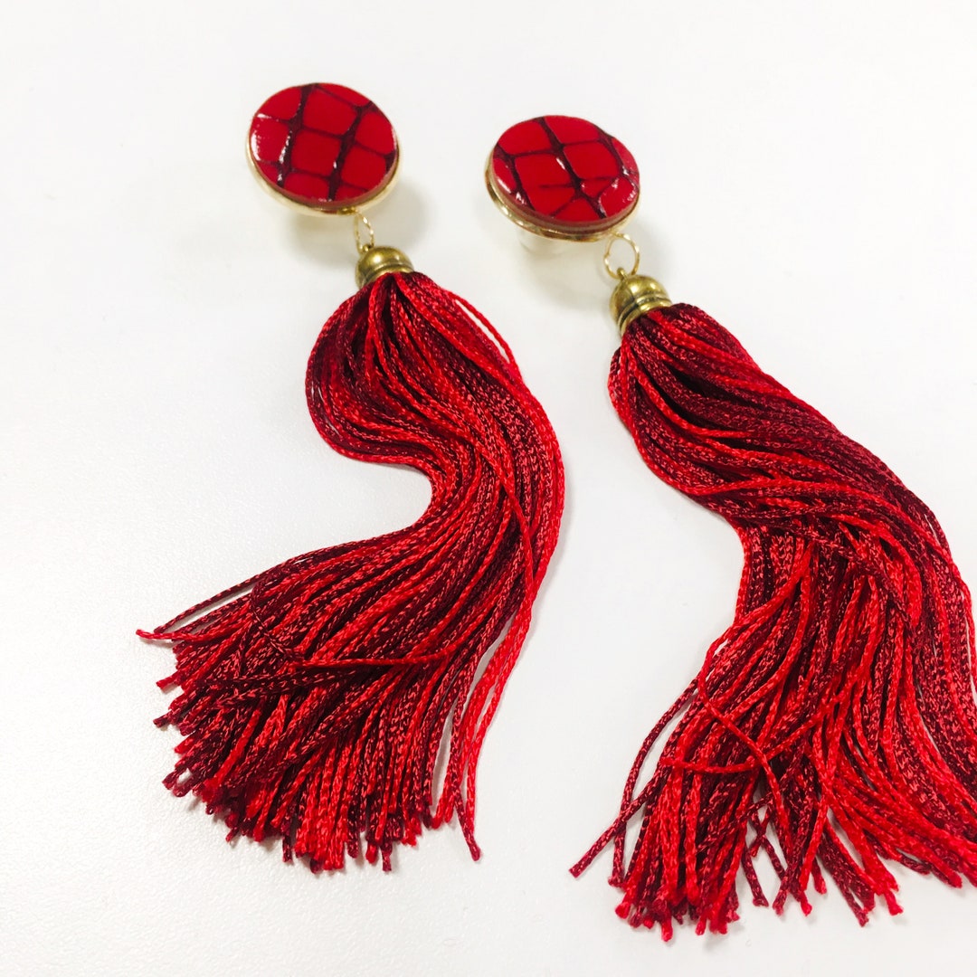Tassel Earrings, Red Tassel Earring, Stud Red Earrings, Gift Under 30