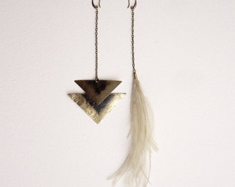 Asymmetrical Feather Earrings: Mismatch Brass Boho Earrings