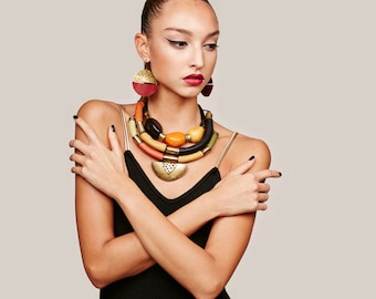 Leather & Brass Tribal Statement Necklace: Chunky African Jewelry