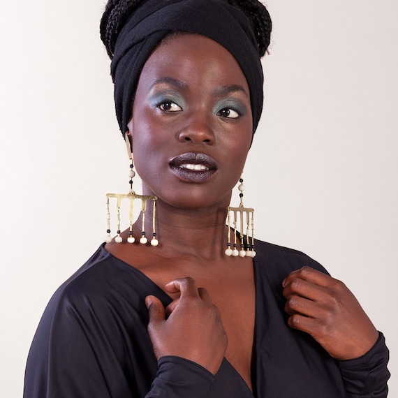 Clip Large Statement African Earrings Drop Brass Earrings Bold