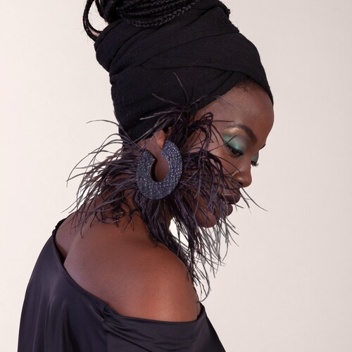 Hoop earring, Statement earrings, Bold feather earrings, Black feather earrings, Mismatched earrings, orders Statement feather hoops earrings
