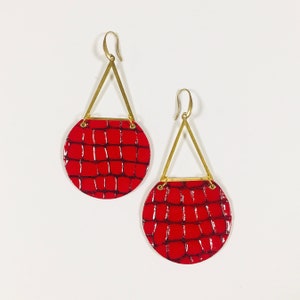 Statement Red Leather Earrings: Lightweight Brass Teardrop Earrings