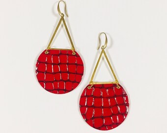 Statement red earrings, Red drop earrings, Lightweight large earrings, Leather drop earring, Boho red earrings, Spring Summer earrings