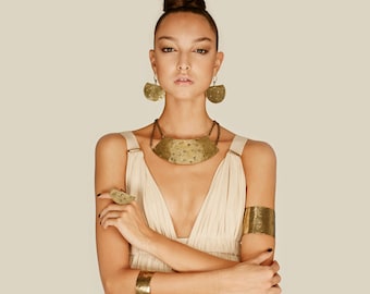 Bold Brass Jewelry Set: African Bib Necklace and Earrings