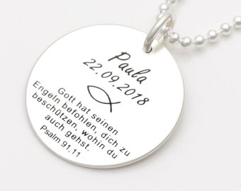 Taufkette mit Gravur Name Datum und Taufspruch - Kette zur Taufe - Namenskette echt Silber - Anhänger mit Gravur Psalm Taufschmuck -