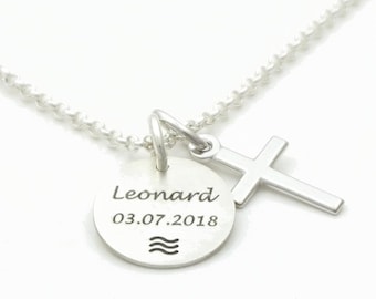 Taufkette mit Gravur Welle Kreuz Taufschmuck echt Silber Anhänger mit Gravur Geschenk zur Taufe GONC68