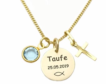 Echt Gold 333 Kette Kreuz und Anhänger mit Gravur - Swarovski Kristall - individuelles und hochwertiges Geschenk zur Taufe GONC120