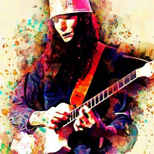 May include: An artistic rendering of a guitarist wearing a white mask and a bucket hat with the text "BUCKETHEAD". The musician is playing a white electric guitar with a red and orange strap. The image has a colorful, abstract background.