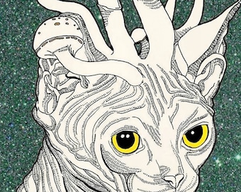 Space Kitty Sphynx Cat Mushroom head print