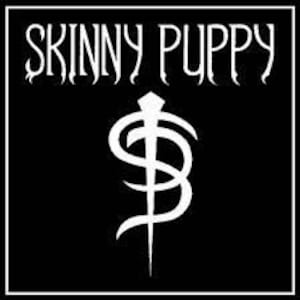 May include: Black and white logo for the band Skinny Puppy. The logo features a stylized snake wrapped around a dagger.