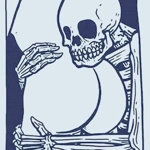 May include: A black and white illustration of a skeleton embracing a person. The skeleton's face is visible and has a toothy grin. The image is framed in a dark blue border.