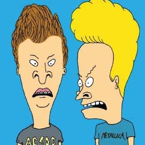 May include: Two cartoon characters with angry expressions. The character on the left is wearing a gray t-shirt with the text "AC/DC" printed on it. The character on the right is wearing a blue t-shirt with the text "METALLICA" printed on it.