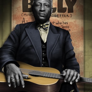 May include: A black and white portrait of Lead Belly, a musician, holding an acoustic guitar. The poster behind him reads "Lead Belly [Music by Huddie Ledbetter] Act who has been in Texas"