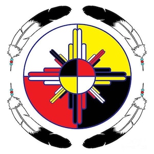 May include: A Native American medicine wheel with four colors: red, yellow, black, and white. The wheel is surrounded by four feathers, each with a white tip and a black shaft. The wheel is a symbol of balance and harmony.