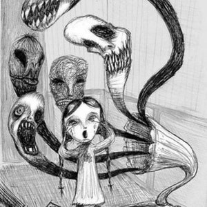 May include: A black and white drawing of a young girl with long hair, standing in front of a record player.  She is surrounded by four ghostly figures with sharp teeth and menacing expressions. The record player has a record on it that says "Did Your Pencil Break?"
