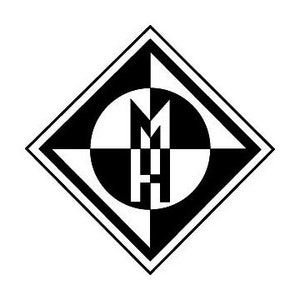 May include: A black and white logo featuring a diamond shape with a circle in the center. Inside the circle are the letters "M" and "H" stacked vertically. The design is symmetrical and graphic.