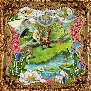 May include: A vintage illustration depicting a fairy and a gnome in a magical woodland scene. The fairy is dressed in white with wings, while the gnome wears a red hat and green suit. The image is filled with flowers, foliage, and a tiny stream.