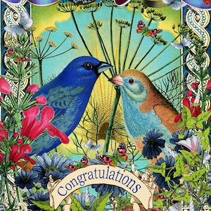 May include: A vintage-style greeting card featuring a blue and brown bird perched on a branch of green foliage. The card has a banner with the word "Congratulations" in blue lettering. The background is a vibrant blue and green with a floral pattern.