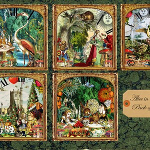 May include: A set of five notelets featuring illustrations from Alice in Wonderland. Each notelet has a gold frame and depicts a different scene from the book, including Alice meeting the Mad Hatter, the Queen of Hearts, and the White Rabbit.