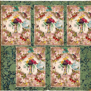 May include: A vintage scrapbook cover with a green marbled paper background and four floral illustrations. Each illustration features a bouquet of flowers in a vase surrounded by butterflies and pink flowers.