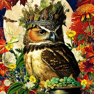 May include: A brown and white owl wearing a crown of leaves and berries sits in a field of flowers and greenery. A pot of gold sits in front of the owl.