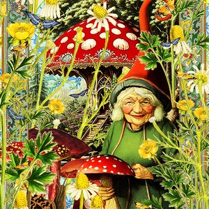 May include: A whimsical illustration of a gnome with a red hat and green dress standing in a woodland setting. The gnome is smiling and holding a large red and white mushroom. The background features a mushroom-shaped gazebo, flowers, and butterflies.