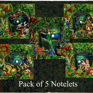 May include: A pack of five notelets with collage art. The illustrations depict fantasy scenes with figures, foliage, mushrooms, and a peacock. The background is dark and textured. The text "Pack of 5 Notelets" is displayed at the bottom of the image.