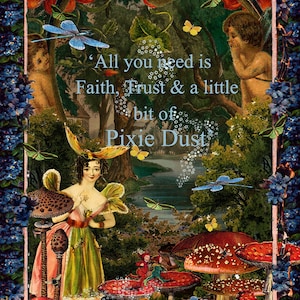 May include: A whimsical illustration featuring a woman in a green dress with a butterfly wing headdress standing in a forest with mushrooms and a quote that reads 'All you need is Faith, Trust & a little bit of Pixie Dust'.