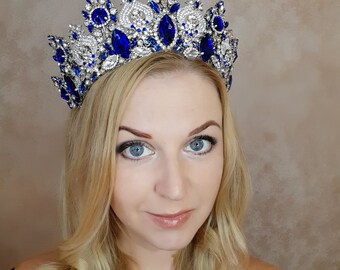 Kentop Retro Tiara Sapphire Crown Tiara Headband for Wedding Party Birthday
