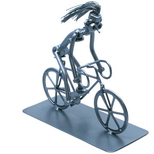 Handmade ornament figurine cycling women, Nuts and bolts steel sculpture, Riding the bicycle women welded metal art,Handmade Scrap metal art