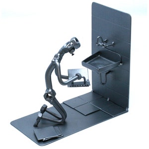 Interior builder worker nuts and bolts metal sculpture, Tiler worker welded metal art, Recycled metal art handyman, home makeover trophy
