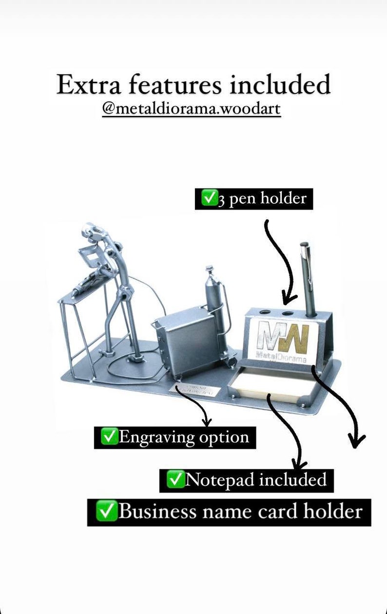 May include: A metal desk organizer featuring a welder figurine, a pen holder, a notepad, and a business card holder. The organizer is engraved with the text "MW Metal Diorama".