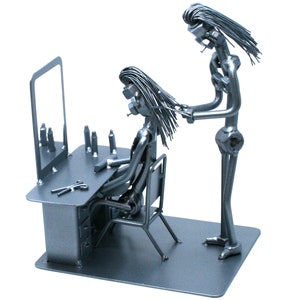 Hair Salon Decoration. Nuts and Bolts sculpture Hair stylist figurine. Collectible scrap metal zero waste Art. Quirky gift for Hairdresser