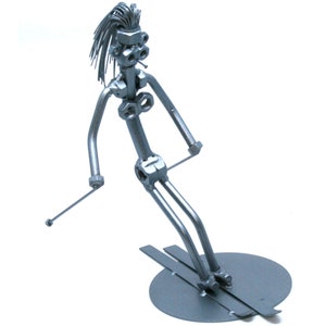 Personalized Skier Metal nuts and Bolt Figurine, Skiing women metal Sculpture spark plug art, Handmade scrap metal art for skier teacher