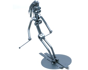 Personalized Skier Metal nuts and Bolt Figurine, Skiing women metal Sculpture spark plug art, Handmade scrap metal art for skier teacher