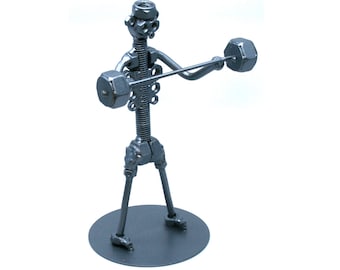 Scrap Metal Weightlifter self portrait gift, Powerlifter Bodybuilder trainer gift, Power man Nuts and bolts metal sculpture Gym decor idea