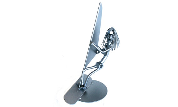 Personalized Windsurfer scrap metal art with custom engraving, Wind surfing coach gift welded metal art, Nuts and bolts metal sculpture gift