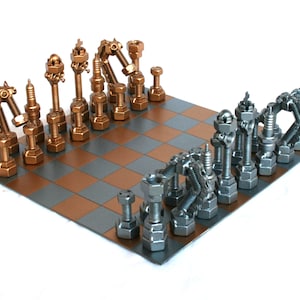 Modern chess set with metal chess pieces, Personalized Metal Chess Set, Metal chess board, Special Steampunk Chess Gift Set, Nuts and bolts