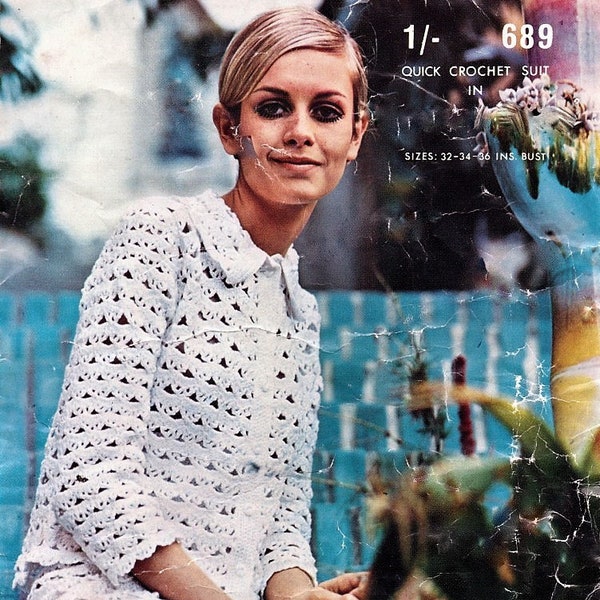 Retro Crochet Suit - Modelled by Twiggy!!  Instant download - 32 to 38 in bust sizes
