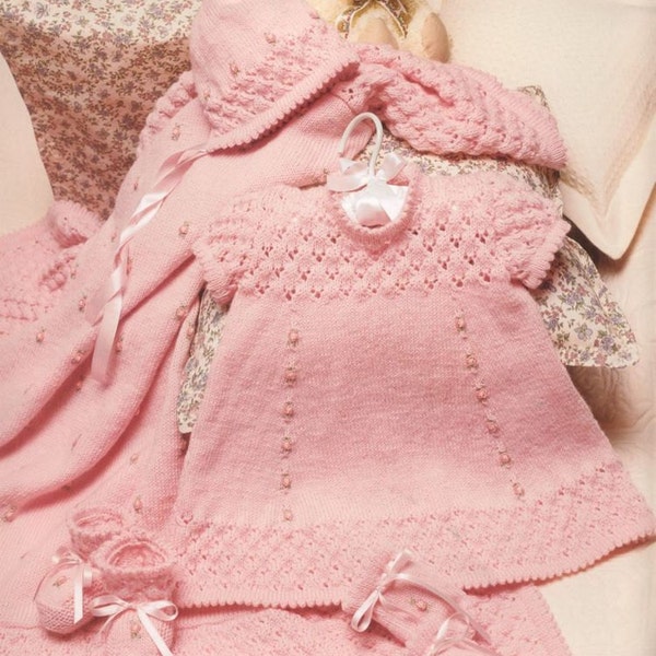 Knitting Pattern - Baby Dress, jacket, Bonnet, Mitts and Booties - Birth to 6 months LAYETTE