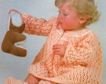 Knitting Pattern - Lacy Dress with Embroidered Yoke and Booties/Bootees PDF download