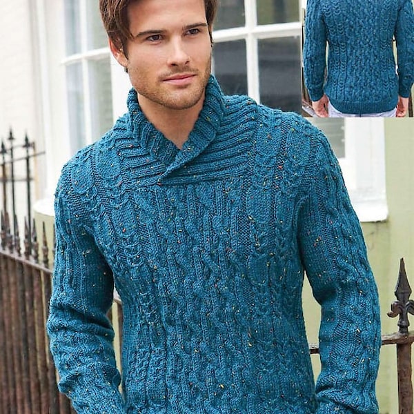 Knitting Pattern Men's Aran Knit Sweater 32 to 54 inch chest PDF Download - ENG language