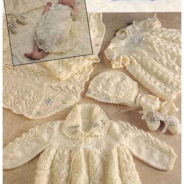 Modèle de tricot PDF - Layette légère et dentelle pour bébé - Châle, matinée, robe, bonnet et chaussons