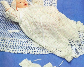 Crochet Pattern - Christening dress, bonnet, booties, mitts and shawl set  To fit 16 - 19 in