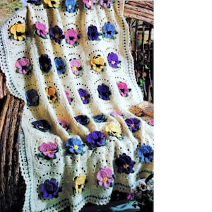 Crochet Pattern for Pretty Pansies Afghan Throw Blanket Granny Squares Flowers PDF Download. ENGLISH lang only