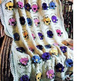 Crochet Pattern for Pretty Pansies Afghan Throw Blanket Granny Squares Flowers PDF Download. ENGLISH lang only