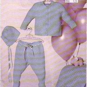 May include: A knitted baby outfit set in a light blue color. The set includes a cardigan, pants, and a hat. The outfit is displayed on a white background with balloons.