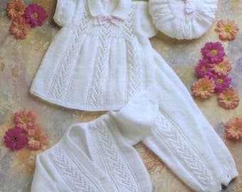 PDF - KNITTING PATTERN - Baby Dress, Beret, Leggings/Trews/Pants and Cardigan/Sweater 16 - 22 in chest English